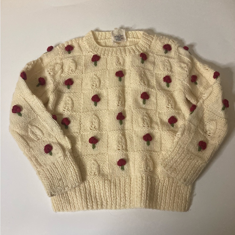 Vintage Popsicle Hand Knitted Cream Sweater with Floral Accents Girls Size 6